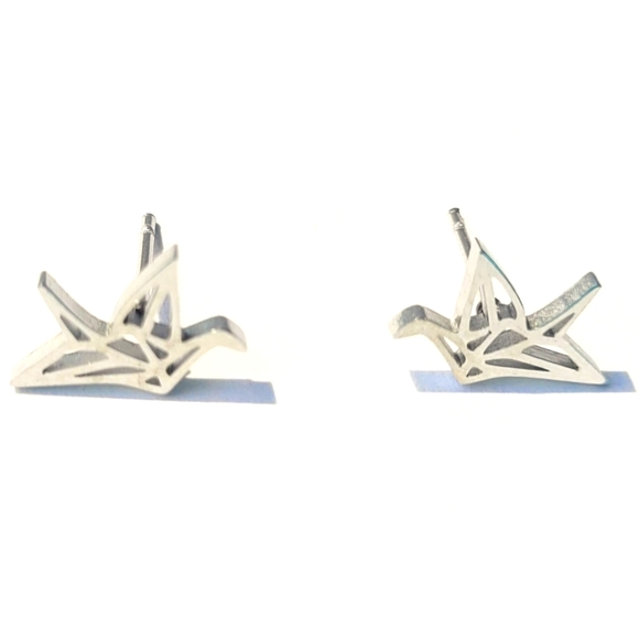 Stainless steel silver crane shaped stud, push back earrings - Picture 2 of 2